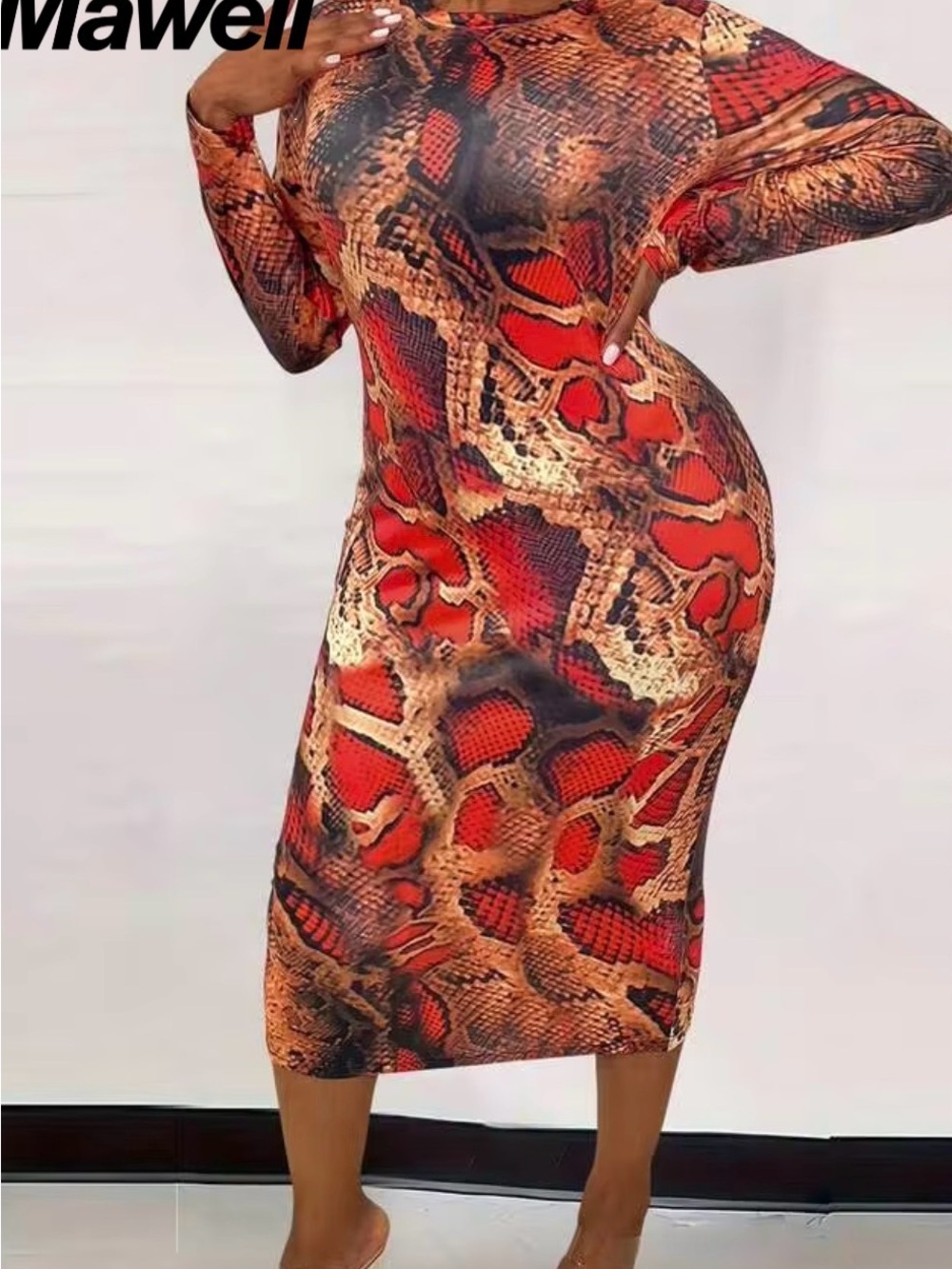 Red Brown Snake-Print Reptile Dress